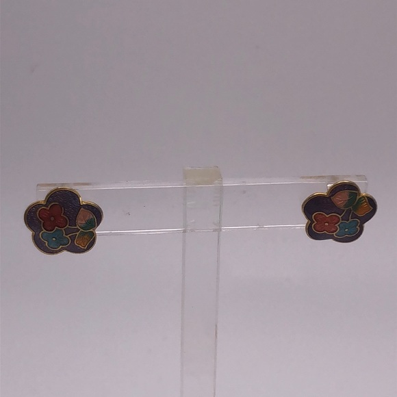 VTG Purple Background Floral Enamel Earrings Cloisonné Yellow Green Blue - Picture 2 of 9